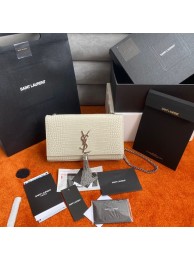 Yves Saint Laurent KATE CHAIN WALLET WITH TASSEL IN CROCODILE-EMBOSSED SHINY LEATHER 452159B WHITE Tl14498Rk60